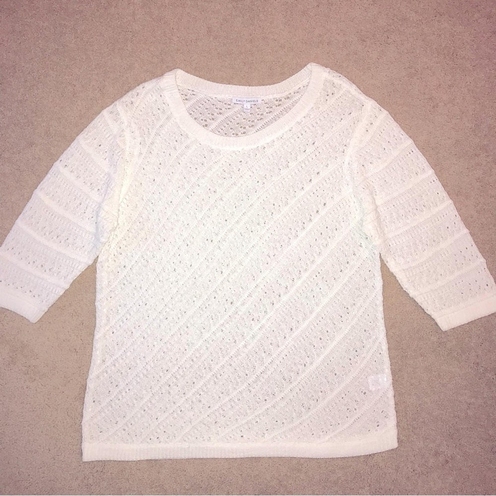 Emily Daniels Lightweight White Open Knit Sweater Size L Coquette Cottage Coast